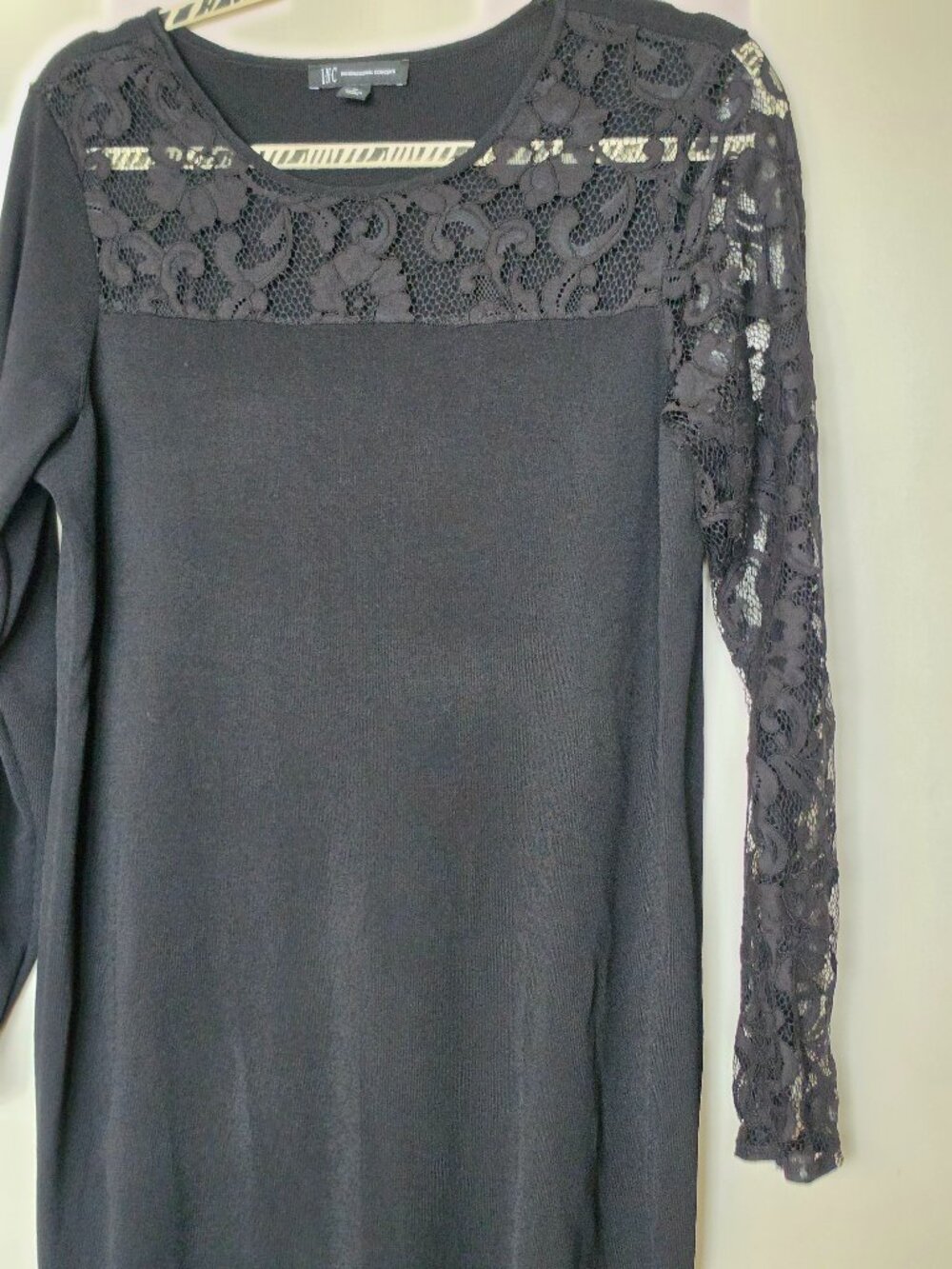 INC International Concepts Black Lace Yoke Long Sleeve Knit Dress